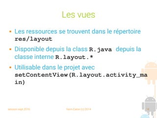 session sept 2016 Yann Caron (c) 2014 18
Les vues
 Les ressources se trouvent dans le répertoire
res/layout
 Disponible depuis la class R.java depuis la
classe interne R.layout.*
 Utilisable dans le projet avec
setContentView(R.layout.activity_ma
in)
 