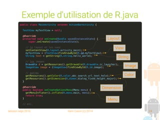 session sept 2016 Yann Caron (c) 2014 24
Exemple d'utilisation de R.java
public class MainActivity extends ActionBarActivity {
TextView myTextView = null;
@Override
protected void onCreate(Bundle savedInstanceState) {
super.onCreate(savedInstanceState);
// le layout et les vues
setContentView(R.layout.activity_main);
myTextView = (TextView)findViewById(R.id.myTextView);
String text = getString(R.string.hello_world);
// les images
Drawable d = getResources().getDrawable(R.drawable.ic_launcher);
ImageView image = (ImageView)findViewById(R.id.image);
// autres
getResources().getColor(R.color.abc_search_url_text_holo);
getResources().getDimension(R.dimen.dialog_fixed_height_major);
}
@Override
public boolean onCreateOptionsMenu(Menu menu) {
getMenuInflater().inflate(R.menu.main, menu);
return true;
}
// etc.
Layout
View
String
Image
Color
Dimension
Menu
 