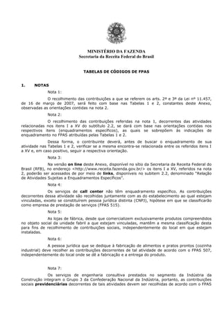 MINISTÉRIO DA FAZENDA
                              Secretaria da Receita Federal do Brasil


                                TABELAS DE CÓDIGOS DE FPAS


1.    NOTAS
             Nota 1:
             O recolhimento das contribuições a que se referem os arts. 2º e 3º da Lei nº 11.457,
de 16 de março de 2007, será feito com base nas Tabelas 1 e 2, constantes deste Anexo,
observadas as orientações contidas na nota 2.
             Nota 2:
             O recolhimento das contribuições referidas na nota 1, decorrentes das atividades
relacionadas nos itens I a XV do subtítulo 2.2, se dará com base nas orientações contidas nos
respectivos itens (enquadramentos específicos), as quais se sobrepõem às indicações de
enquadramento no FPAS atribuídas pelas Tabelas 1 e 2.
              Dessa forma, o contribuinte deverá, antes de buscar o enquadramento de sua
atividade nas Tabelas 1 e 2, verificar se a mesma encontra-se relacionada entre os referidos itens I
a XV e, em caso positivo, seguir a respectiva orientação.
             Nota 3:
              Na versão on line deste Anexo, disponível no sítio da Secretaria da Receita Federal do
Brasil (RFB), no endereço <http://www.receita.fazenda.gov.br/> os itens I a XV, referidos na nota
2, poderão ser acessados de por meio de links, disponíveis no subitem 2.2, denominado “Relação
de Atividades Sujeitas a Enquadramentos Específicos”.
             Nota 4:
              Os serviços de call center não têm enquadramento específico. As contribuições
decorrentes dessa atividade são recolhidas juntamente com as do estabelecimento ao qual estejam
vinculadas, exceto se constituírem pessoa jurídica distinta (CNPJ), hipótese em que se classificarão
como empresa de prestação de serviços (FPAS 515).
             Nota 5:
             As lojas de fábrica, desde que comercializem exclusivamente produtos compreendidos
no objeto social da unidade fabril a que estejam vinculadas, mantêm a mesma classificação desta
para fins de recolhimento de contribuições sociais, independentemente do local em que estejam
instaladas.
             Nota 6:
               A pessoa jurídica que se dedique à fabricação de alimentos e pratos prontos (cozinha
industrial) deve recolher as contribuições decorrentes de tal atividade de acordo com o FPAS 507,
independentemente do local onde se dê a fabricação e a entrega do produto.


             Nota 7:
              Os serviços de engenharia consultiva prestados no segmento da Indústria da
Construção integram o Grupo 3 da Confederação Nacional da Indústria, portanto, as contribuições
sociais previdenciárias decorrentes de tais atividades devem ser recolhidas de acordo com o FPAS
 