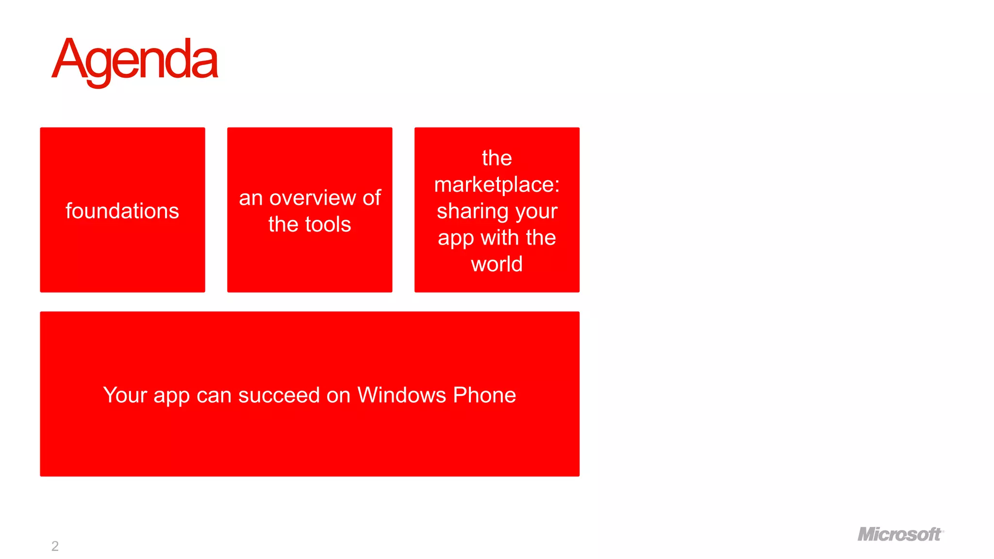 Agenda
                                        the
                                    marketplace:
                   an overview of
    foundations                     sharing your
                      the tools
                                    app with the
                                       world




       Your app can succeed on Windows Phone




2
 