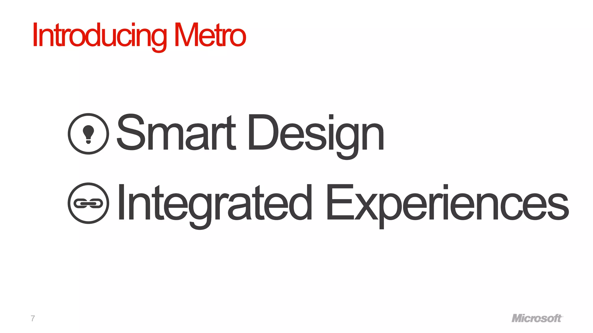 Introducing Metro


      Smart Design
      Integrated Experience
                 Experiences

7
 
