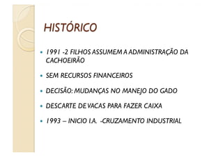   1991
      -2 FILHOS ASSUMEM A ADMINISTRAÇÃO DA
  CACHOEIRÃO

  SEM   RECURSOS FINANCEIROS

  DECISÃO: MUDANÇAS    NO MANEJO DO GADO

  DESCARTE   DE VACAS PARA FAZER CAIXA

  1993   – INICIO I.A. -CRUZAMENTO INDUSTRIAL
 