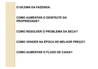 O DILEMA DA FAZENDA:


COMO AUMENTAR O DESFRUTE DA
PROPRIEDADE?


COMO RESOLVER O PROBLEMA DA SECA?


COMO VENDER NA ÉPOCA DE MELHOR PREÇO?


COMO AUMENTAR O FLUXO DE CAIXA?
 
