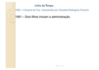 Linha do Tempo
1952 – Compra da Faz. Cachoeirão por Osvaldo Rodrigues Ferreira

1991 – Dois filhos iniciam a administração.




                                  3/4/13   p. 5
 