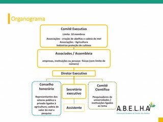 Organograma
Comitê Executivo
Limite: 10 membros
Associações - criação de abelhas e cadeia do mel
Associações - Agricultura
Indústrias proteção de cultivos
Associados / Assembleia
empresas, instituições ou pessoas físicas (sem limite de
número)
Diretor Executivo
Conselho
honorário
Representantes dos
setores público e
privado ligados à
agricultura, cadeia de
valor do mel e
pesquisa
Secretário
executivo
Assistente
Comitê
Científico
Pesquisadores de
universidades /
instituições ligados
ao tema
 