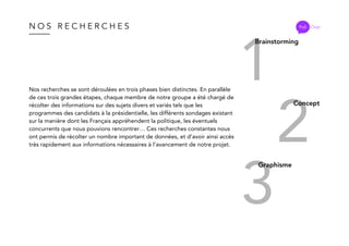 N O S R E C H E R C H E S
Nos recherches se sont déroulées en trois phases bien distinctes. En parallèle
de ces trois grandes étapes, chaque membre de notre groupe a été chargé de
récolter des informations sur des sujets divers et variés tels que les
programmes des candidats à la présidentielle, les différents sondages existant
sur la manière dont les Français appréhendent la politique, les éventuels
concurrents que nous pouvions rencontrer… Ces recherches constantes nous
ont permis de récolter un nombre important de données, et d’avoir ainsi accès
très rapidement aux informations nécessaires à l’avancement de notre projet.
1
Brainstorming
2
Concept
3
Graphisme
Poli Chat
 