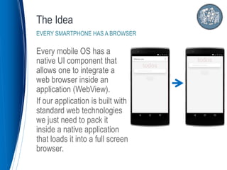 The Idea
EVERY SMARTPHONE HAS A BROWSER
Every mobile OS has a
native UI component that
allows one to integrate a
web browser inside an
application (WebView).
If our application is built with
standard web technologies
we just need to pack it
inside a native application
that loads it into a full screen
browser.
 