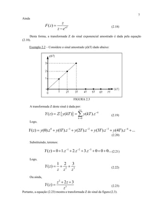 7
Ainda
( ) aT
z
F z
z e


(2.18)
Desta forma, a transformada Z do sinal exponencial amostrado é dada pela equação
(2.18).
Exemplo 2.2 – Considere o sinal amostrado y(kT) dado abaixo:
FIGURA 2.3
A transformada Z deste sinal é dada por:
 
0
( ) ( ) ( ). k
k
Y z y kT y kT z



   (2.19)
Logo,
0 1 2 3 4
( ) (0). (1 ). (2 ). (3 ). (4 ). ...Y z y z y T z y T z y T z y T z   
     
(2.20)
Substituindo, teremos:
1 2 3
( ) 0 1. 2. 3. 0 0 0...Y z z z z  
       (2.21)
Logo,
2 3
1 2 3
( )Y z
z z z
   (2.22)
Ou ainda,
2
3
2 3
( )
z z
Y z
z
 
 (2.23)
Portanto, a equação (2.23) mostra a transformada Z do sinal da figura (2.3).
 