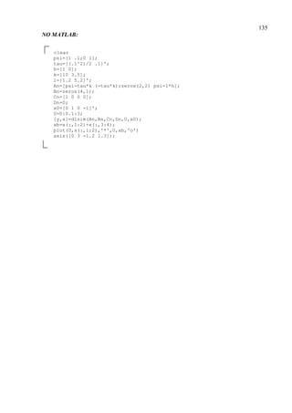 135
NO MATLAB:
clear
psi=[1 .1;0 1];
tau=[(.1^2)/2 .1]';
h=[1 0];
k=[10 3.5];
l=[1.2 5.2]';
An=[psi-tau*k (-tau*k);zeros(2,2) psi-l*h];
Bn=zeros(4,1);
Cn=[1 0 0 0];
Dn=0;
x0=[0 1 0 -1]';
U=0:0.1:3;
[y,x]=dlsim(An,Bn,Cn,Dn,U,x0);
xb=x(:,1:2)+x(:,3:4);
plot(U,x(:,1:2),'*',U,xb,'o')
axis([0 3 -1.2 1.3]);
 