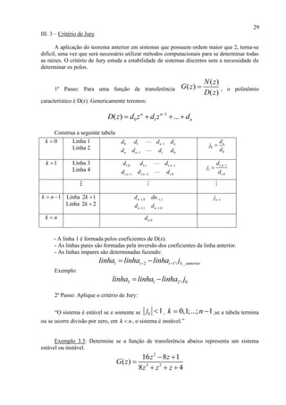 29
III. 3 – Critério de Jury
A aplicação do teorema anterior em sistemas que possuem ordem maior que 2, torna-se
difícil, uma vez que será necessário utilizar métodos computacionais para se determinar todas
as raízes. O critério de Jury estuda a estabilidade de sistemas discretos sem a necessidade de
determinar os polos.
1º Passo: Para uma função de transferência
( )
( )
( )
N z
G z
D z
 , o polinômio
característico é D(z). Genericamente teremos:
1
0 1( ) ...n n
nD z d z d z d
   
Construa a seguinte tabela
- A linha 1 é formada pelos coeficientes de D(z).
- As linhas pares são formadas pela inversão dos coeficientes da linha anterior.
- As linhas impares são determinadas fazendo:
2 1 _.i i i k anteriorlinha linha linha j  
Exemplo:
3 1 2 0.linha linha linha j 
2º Passo: Aplique o critério de Jury:
“O sistema é estável se e somente se 1kj  , 0,1;...; 1k n  ,se a tabela termina
ou se ocorre divisão por zero, em k n , o sistema é instável.”
Exemplo 3.3: Determine se a função de transferência abaixo representa um sistema
estável ou instável.
2
3 2
16 8 1
( )
8 4
z z
G z
z z z
 

  
0k  Linha 1
Linha 2
0 1 1
1 1 0
n n
n n
d d d d
d d d d


0
0
nd
j
d

1k  Linha 3
Linha 4
1,0 1,1 1, 1
1, 1 1, 2 1,0
n
n n
d d d
d d d

 
1, 1
1
1,0
nd
j
d


1k n  Linha 2 1k 
Linha 2 2k 
1,0 1,1
1,1 1,0
n
n n
d dn
d d
 
 
1nj 
k n ,0nd
 
