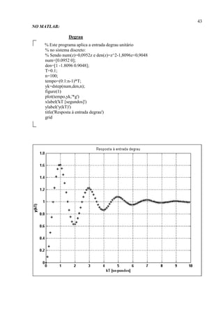 43
NO MATLAB:
Degrau
% Este programa aplica a entrada degrau unitário
% no sistema discreto:
% Sendo num(z)=0,0952z e den(z)=z^2-1,8096z+0,9048
num=[0.0952 0];
den=[1 -1.8096 0.9048];
T=0.1;
n=100;
tempo=(0:1:n-1)*T;
yk=dstep(num,den,n);
figure(1)
plot(tempo,yk,'*g')
xlabel('kT [segundos]')
ylabel('y(kT)')
title('Resposta à entrada degrau')
grid
 