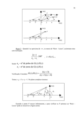 56
Regra 3 – Quando k se aproxima de , os ramos do “Root – Locus”, assintotam retas
com inclinação:
2 1
.180º
p z
i
n n

 , 0, 1,...i  
Sendo nº de polos de ( ). ( )pn G z H z
nº de zeros de ( ). ( )zn G z H z
Verificação: Considere
( 3)
( ). ( )
( 1).( 4)
k z
G z H z
z z z


 
Temos: 3pn  e 1zn  . No plano complexo teremos:
Fazendo o ponto P crescer infinitamente, e para verificar se P pertence ao “Root –
Locus” pode-se reescrever a figura acima:
 