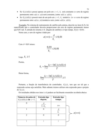 73
 Se ( ). ( )cG z G z possui apenas um polo em 1z  , vk será constante e o erro de regime
permanente entre ( )u t e ( )y t será constante, (entre ( )u k e ( )y k ).
 Se ( ). ( )cG z G z possuir mais de um polo em 1z  , vk tenderá a  e o erro de regime
permanente entre ( )u t e ( )y t tenderá a zero, (entre ( )u k e ( )y k ).
Exemplo: No sistema de rastreamento do satélite pela antena, descrito no item (6.2), foi
especificado que o controlador deveria proporcionar um erro de regime permanente menor
que 0,01 rad. A entrada do sistema é s (ângulo do satélite) e é tipo rampa, ( ) 0,01s t t  .
Neste caso, o erro do regime é dado por:
( ) 0,01
v
A
e
k
  
Com A= 0,01 temos:
0,01
0,01
vk

Logo, 1vk 
Porém,
1
( 1) ( ). ( )
lim c
v
z
z G z G z
k
T


Desta forma,
1
( 1) ( ). ( )
lim 1c
z
z G z G z
T


Portanto, a função de transferência do controlador, ( )cG z , tem que ser tal que a
expressão acima seja satisfeita. Mais adiante iremos utilizar esta expressão para o projeto
de ( )cG z .
Os resultados obtidos nos itens i e ii podem ser facilmente resumidos na tabela abaixo.
Números de polos de
( ). ( )cG z G z em 1z  .
Entrada tipo
degrau.
Entrada tipo
rampa.
0
1 p
A
k 
1 0
v
A
k
2 0 0
( )e 
 