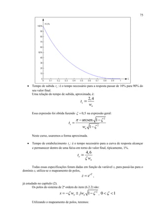 75
 Tempo de subida st : é o tempo necessário para a resposta passar de 10% para 90% do
seu valor final.
Uma relação do tempo de subida, aproximada, é:
2,4
s
n
t
w
Essa expressão foi obtida fazendo 0,5  na expressão geral:
2
2
arcsen 1
1
s
n
t
w
 

 


Neste curso, usaremos a forma aproximada.
 Tempo de estabelecimento et : é o tempo necessário para a curva de resposta alcançar
e permanecer dentro de uma faixa em torno do valor final, tipicamente, 1%.
4,6
e
n
t
w
Todas essas especificações foram dadas em função da variável s, para passá-las para o
domínio z, utiliza-se o mapeamento de polos,
sT
z e ,
já estudado no capítulo (2).
Os polos do sistema de 2ª ordem do item (6.2.2) são:
2
1n ns w jw     , 0 1 
Utilizando o mapeamento de polos, teremos:
 