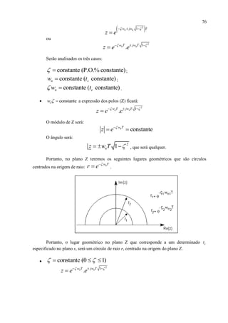 76
 2
1n nw jw T
z e
   

ou
2
1
. nn jw Tw T
z e e   

Serão analisados os três casos:
constante (P.O.% constante)  ;
constante ( constante)n sw t ;
constante ( constante)n ew t  .
 constantenw   a expressão dos polos (Z) ficará:
2
1
. nn jw Tw T
z e e   

O módulo de Z será:
constantenw T
z e 
 
O ângulo será:
2
1nz w T    , que será qualquer.
Portanto, no plano Z teremos os seguintes lugares geométricos que são círculos
centrados na origem de raio: nw T
r e 
 .
Portanto, o lugar geométrico no plano Z que corresponde a um determinado et
especificado no plano s, será um círculo de raio r, centrado na origem do plano Z.
 constante (0 1)   
2
1
. nn jw Tw T
z e e   

 