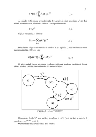 5
0
*( ) ( ). kTs
k
E s e kT e



  (2.7)
A equação (2.7) mostra a transformada de Laplace do sinal amostrado *( )e t . Por
motivo de simplicidade, define-se a variável Z da seguinte maneira:
sT
z e (2.8)
Logo, a equação (2.7) torna-se:
0
( ) ( ) k
k
E z e kT z



  (2.9)
Desta forma, chega-se ao domínio da variável Z, e a equação (2.9) é denominada como
transformada Z de ( )e kT , ou seja:
 
0
( ) ( ) k
k
e kT e kT z



  (2.10)
O leitor poderá chegar ao mesmo resultado, utilizando qualquer caminho da figura
abaixo, porém o caminho da transformada Z é o mais indicado.
FIGURA 2.1 – MAPEAMENTO
Observação: Sendo “s” uma variável complexa, s jw  , a variável z também é
complexa: ( )jw T
z e a jb 
   .
O caminho reverso será discutido mais adiante.
 