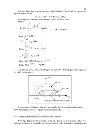 80
Exemplo: Identifique no mapa anterior a região do plano – Z que atende em conjunto as
seguintes especificações:
P.O.%  16% , st  6s e et  20s,
Sabendo que o período de amostragem do sistema discreto é T=1s.
Sabe-se

2
.
1
. .% .100%P O e



 
 
  
 
   
  
e . .% 16%PO 
Logo, 0,504 

2,4
s
n
t
w e 6st s
Logo,
2,4
6
nw
  0,4nw 

4,6
e
n
t
w e 20et s
Logo, 0,23nw  , mas nw T
r e 

Então
0,23.1
r e
  0,8r 
A região que atende estas especificações em conjunto é formada pela intersecção das
três regiões acima, que é:
O controlador ( )cG z deverá fazer com que os polos do sistema realimentado estejam
dentro desta região para que as especificações sejam atendidas.
VI.3 – Projeto de Controladores Digitais Utilizando Emulação
Neste tipo de projeto, primeiramente efetua-se o projeto de controlador no plano “s”,
utilizando as técnicas já conhecidas em controle linear, e então, utilizando o mapeamento de
 
