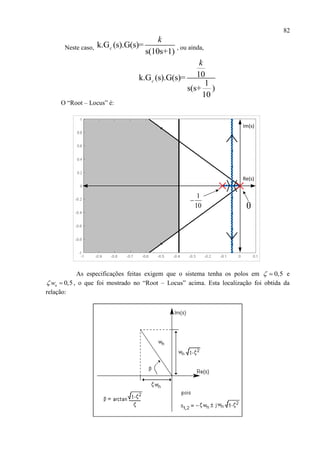82
Neste caso, k.G (s).G(s)=
s(10s+1)
c
k
, ou ainda,
10k.G (s).G(s)=
1
s(s+ )
10
c
k
O “Root – Locus” é:
1
10

0
Re(s)
Im(s)
As especificações feitas exigem que o sistema tenha os polos em 0,5 e
0,5nw  , o que foi mostrado no “Root – Locus” acima. Esta localização foi obtida da
relação:
 
