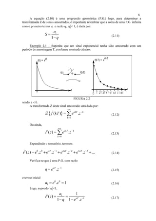 6
A equação (2.10) é uma progressão geométrica (P.G.) logo, para determinar a
transformada Z de sinais amostrados, é importante relembrar que a soma de uma P.G. infinita
com o primeiro termo 1a e razão q, q < 1, é dada por:
1
1
a
S
q


(2.11)
Exemplo 2.1 – Suponha que um sinal exponencial tenha sido amostrado com um
período de amostragem T, conforme mostrado abaixo:
FIGURA 2.2
sendo a 0 .
A transformada Z deste sinal amostrado será dada por:
 
0
( ) .akT k
k
f kT e z



  (2.12)
Ou ainda,
0
( ) .akT k
k
F z e z



  (2.13)
Expandindo o somatório, teremos:
0 0 1 2 2 3 3
( ) . . . . ...aT aT aT
F z e z e z e z e z  
     (2.14)
Verifica-se que é uma P.G. com razão
1
.aT
q e z
 (2.15)
e termo inicial
0 0
1 . 1a e z  (2.16)
Logo, supondo q <1,
1
1
1
( )
1 1 .aT
a
F z
q e z
 
 
(2.17)
 