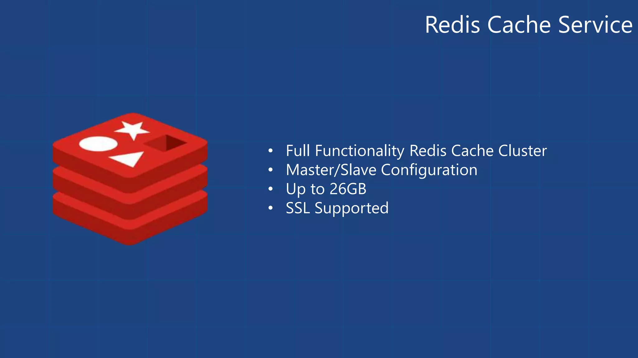 Redis Cache Service 
• Full Functionality Redis Cache Cluster 
• Master/Slave Configuration 
• Up to 26GB 
• SSL Supported 
 