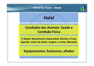 Alimento Halal - Abate


                    Halal
    Condições dos Animais: Saúde e
           Condição Física
 O Abate: Muçulmano responsável, Recitar a Frase
Sagrada antes do abate, sangria, o corte, liberação


  Equipamentos: Exclusivos, afiados
 
