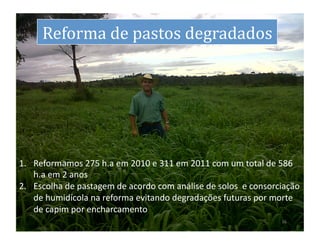 dS Reforma	
  de	
  pastos	
  degradados
                                       	
  




1.  Reformamos	
  275	
  h.a	
  em	
  2010	
  e	
  311	
  em	
  2011	
  com	
  um	
  total	
  de	
  586	
  
    h.a	
  em	
  2	
  anos	
  
2.  Escolha	
  de	
  pastagem	
  de	
  acordo	
  com	
  análise	
  de	
  solos	
  	
  e	
  consorciação	
  
    de	
  humidícola	
  na	
  reforma	
  evitando	
  degradações	
  futuras	
  por	
  morte	
  
    de	
  capim	
  por	
  encharcamento	
  
                                                                                                   16	
  
 