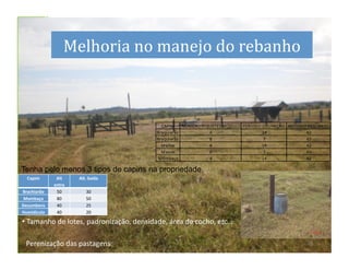 dS
                        Melhoria	
  no	
  manejo	
  do	
  rebanho	
  




Tenha pelo menos 3 tipos de capins na propriedade.
   Capim	
        Alt	
      Alt.	
  Saída	
  
                 entra	
  
Brachiarão	
      50	
            30	
  
 Mombaça	
        80	
            50	
  
Decumbens	
       40	
            25	
  
Humidícula	
      40	
            20	
  

• Tamanho	
  de	
  lotes,	
  padronização,	
  densidade,	
  área	
  de	
  cocho,	
  etc…	
  
 	
  

  Perenização	
  das	
  pastagens	
                                                            20	
  
 