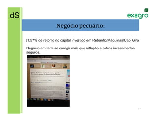 dS
                        Negócio	
  pecuário:
                                           	
  

     21,57% de retorno no capital investido em Rebanho/Máquinas/Cap. Giro

     Negócio em terra se corrigir mais que inflação e outros investimentos
     seguros.




                                                                             37	
  
 