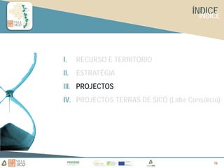 ÍNDICE
                                       INDICE




I.    RECURSO E TERRITÓRIO
II.   ESTRATÉGIA
III. PROJECTOS
IV. PROJECTOS TERRAS DE SICÓ (Líder Consórcio)




                                            16
                                            16
 