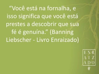 “Você está na fornalha, e
isso significa que você está
prestes a descobrir que sua
fé é genuína.” (Banning
Liebscher - Livro Enraizado)
 