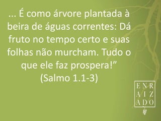 ... É como árvore plantada à
beira de águas correntes: Dá
fruto no tempo certo e suas
folhas não murcham. Tudo o
que ele faz prospera!”
(Salmo 1.1-3)
 