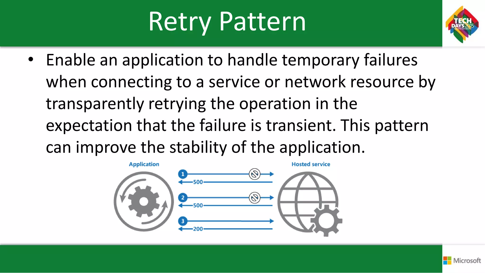Retry Pattern
• Enable an application to handle temporary failures
when connecting to a service or network resource by
transparently retrying the operation in the
expectation that the failure is transient. This pattern
can improve the stability of the application.
 