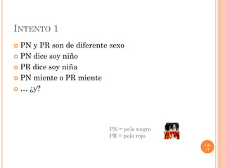 INTENTO 1
 PN y PR son de diferente sexo
 PN dice soy niño
 PR dice soy niña
 PN miente o PR miente
 … ¿y?
4 de
14
PN = pelo negro
PR = pelo rojo
 