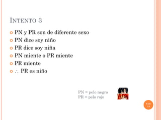 INTENTO 3
 PN y PR son de diferente sexo
 PN dice soy niño
 PR dice soy niña
 PN miente o PR miente
 PR miente
  PR es niño
6 de
14
PN = pelo negro
PR = pelo rojo
 