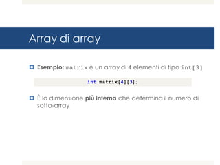 Array di array
¤ Esempio: matrix è un array di 4 elementi di tipo int[3]
¤ È la dimensione più interna che determina il numero di
sotto-array
int matrix[4][3];
 