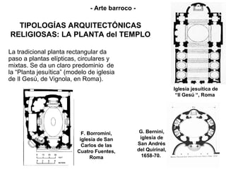 - Arte barroco -

  TIPOLOGÍAS ARQUITECTÓNICAS
RELIGIOSAS: LA PLANTA del TEMPLO

La tradicional planta rectangular da
paso a plantas elípticas, circulares y
mixtas. Se da un claro predominio de
la “Planta jesuítica” (modelo de iglesia
de Il Gesú, de Vignola, en Roma).
                                                                 Iglesia jesuítica de
                                                                  “Il Gesú “, Roma




                           F. Borromini,          G. Bernini,
                          iglesia de San          iglesia de
                           Carlos de las         San Andrés
                         Cuatro Fuentes,         del Quirinal,
                               Roma                1658-70.
 