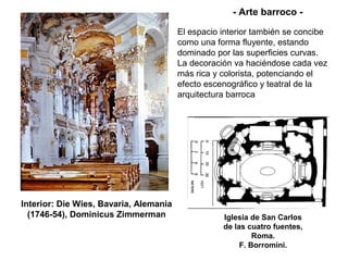 - Arte barroco -

                                        El espacio interior también se concibe
                                        como una forma fluyente, estando
                                        dominado por las superficies curvas.
                                        La decoración va haciéndose cada vez
                                        más rica y colorista, potenciando el
                                        efecto escenográfico y teatral de la
                                        arquitectura barroca




Interior: Die Wies, Bavaria, Alemania
  (1746-54), Dominicus Zimmerman                   Iglesia de San Carlos
                                                   de las cuatro fuentes,
                                                            Roma.
                                                        F. Borromini.
 