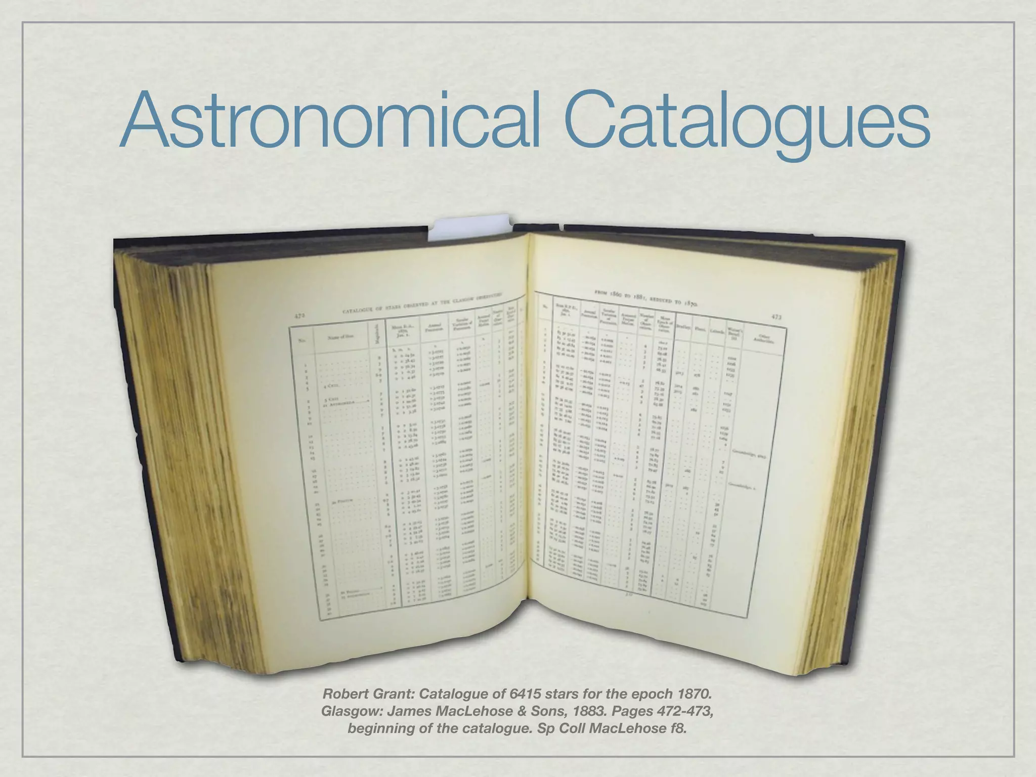 Astronomical Catalogues




     Robert Grant: Catalogue of 6415 stars for the epoch 1870.
     Glasgow: James MacLehose & Sons, 1883. Pages 472-473,
         beginning of the catalogue. Sp Coll MacLehose f8.
 