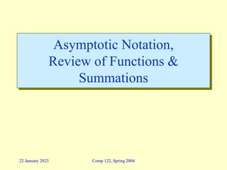 22 January 2023 Comp 122, Spring 2004
Asymptotic Notation,
Review of Functions &
Summations
 