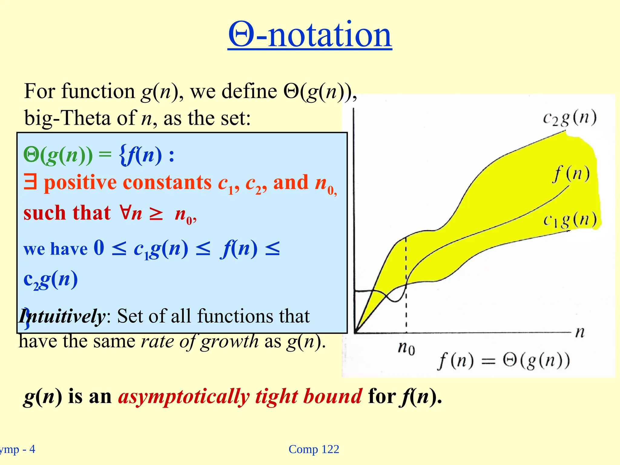 Comp 122
ymp - 4
-notation
(g(n)) = {f(n) :
 positive constants c1, c2, and n0,
such that n  n0,
we have 0  c1g(n)  f(n) 
c2g(n)
}
For function g(n), we define (g(n)),
big-Theta of n, as the set:
g(n) is an asymptotically tight bound for f(n).
Intuitively: Set of all functions that
have the same rate of growth as g(n).
 