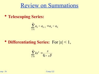 Comp 122
ymp - 36
Review on Summations
 Telescoping Series:
 Differentiating Series: For |x| < 1,


 


n
k
n
k
k a
a
a
a
1
0
1
 


 

0
2
1
k
k
x
x
kx
 