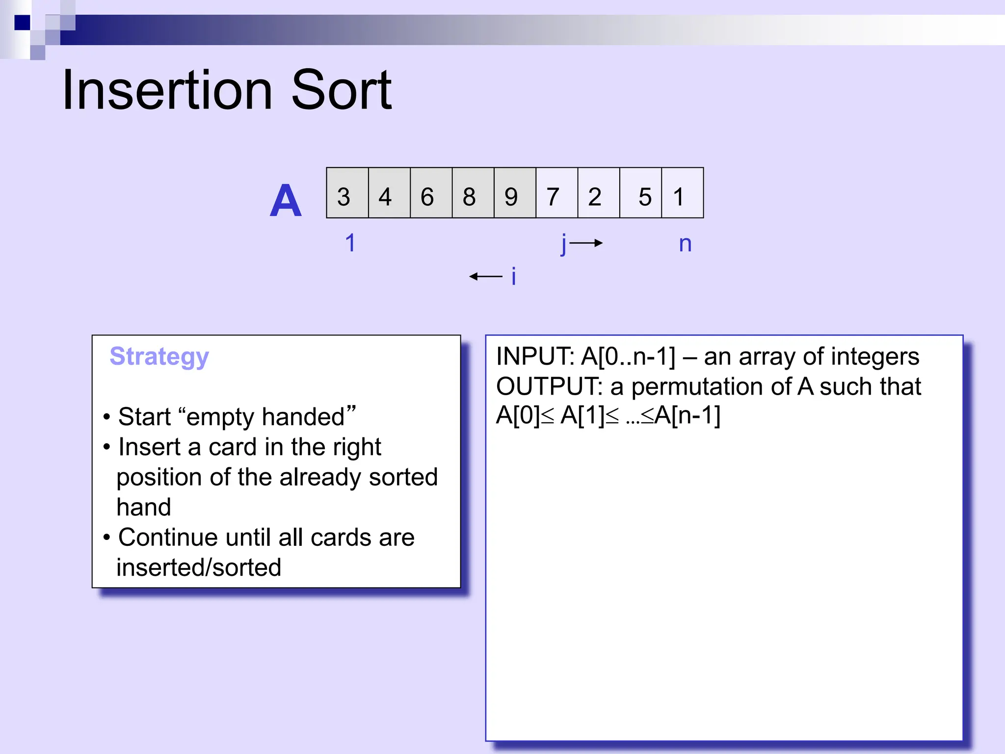 Insertion Sort
A
1 n
j
3 6 8
4 9 7 2 5 1
i
Strategy
• Start “empty handed”
• Insert a card in the right
position of the already sorted
hand
• Continue until all cards are
inserted/sorted
INPUT: A[0..n-1] – an array of integers
OUTPUT: a permutation of A such that
A[0]A[1]…A[n-1]
 