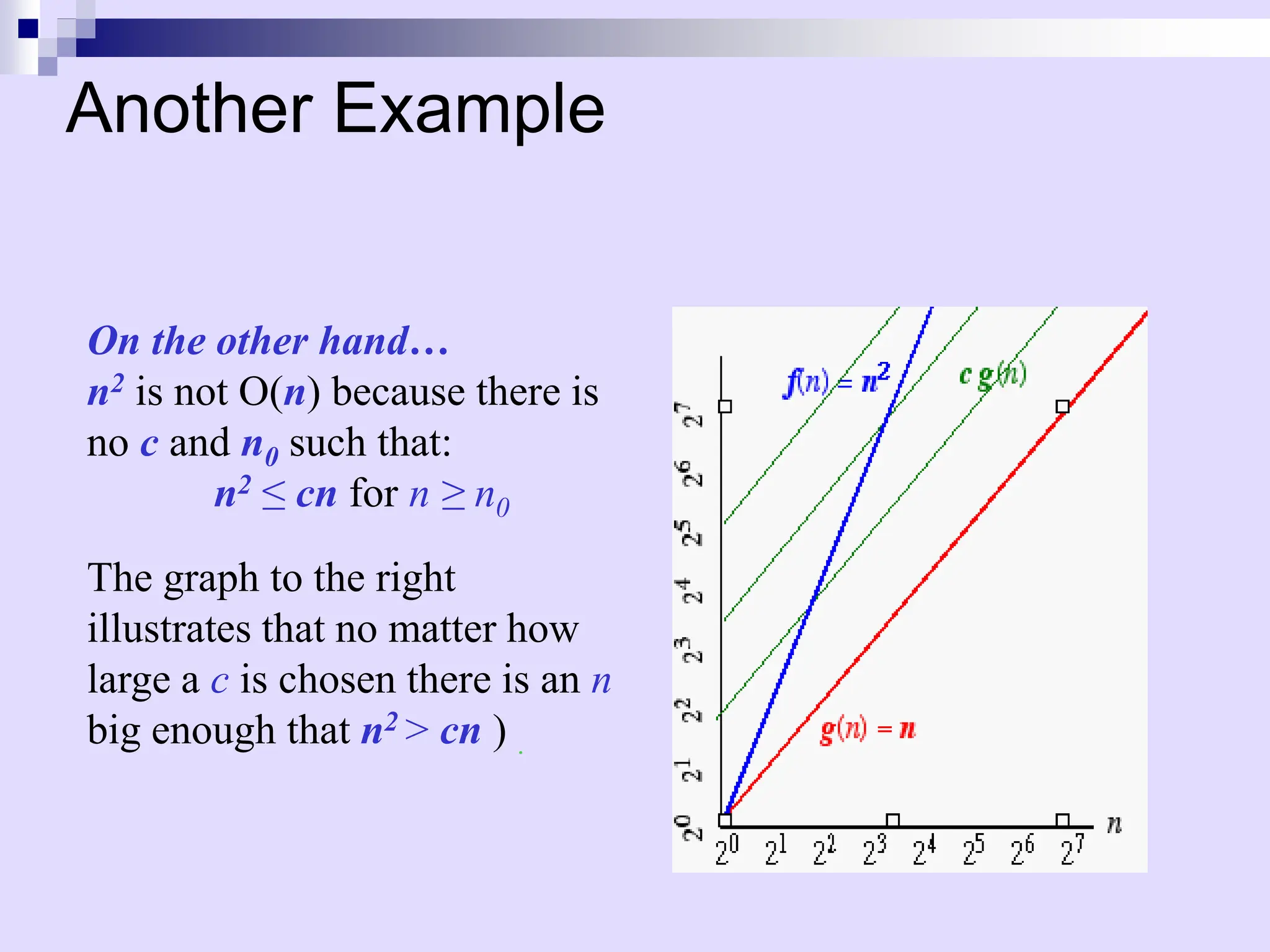 Another Example
On the other hand…
n2 is not O(n) because there is
no c and n0 such that:
n2 ≤ cn for n ≥ n0
The graph to the right
illustrates that no matter how
large a c is chosen there is an n
big enough that n2 > cn ) .
 