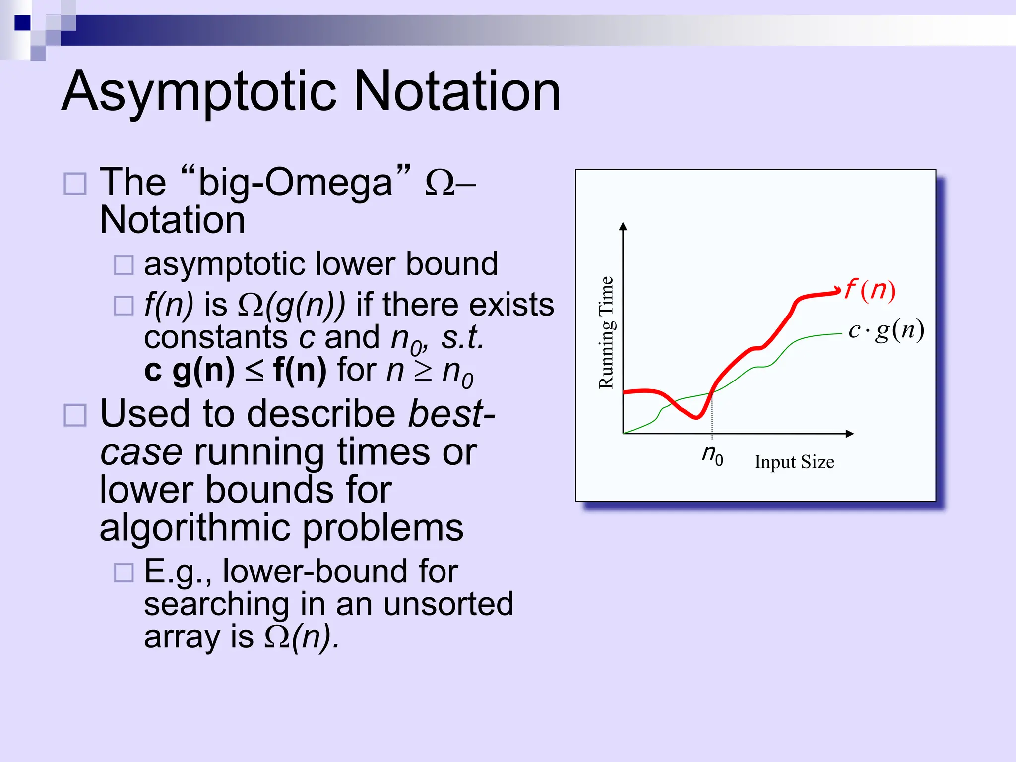  The “big-Omega” -
Notation
 asymptotic lower bound
 f(n) is (g(n)) if there exists
constants c and n0, s.t.
c g(n)  f(n) for n  n0
 Used to describe best-
case running times or
lower bounds for
algorithmic problems
 E.g., lower-bound for
searching in an unsorted
array is (n).
Input Size
Running
Time
)
(n
f
( )
c g n

0
n
Asymptotic Notation
 