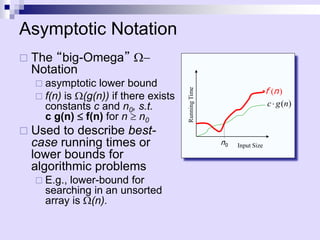  The “big-Omega” -
Notation
 asymptotic lower bound
 f(n) is (g(n)) if there exists
constants c and n0, s.t.
c g(n)  f(n) for n  n0
 Used to describe best-
case running times or
lower bounds for
algorithmic problems
 E.g., lower-bound for
searching in an unsorted
array is (n).
Input Size
Running
Time
)
(n
f
( )
c g n

0
n
Asymptotic Notation
 