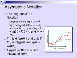 The “big-Theta” -
Notation
 asymptotically tight bound
 f(n) is (g(n)) if there exists
constants c1, c2, and n0, s.t.
c1 g(n)  f(n)  c2 g(n) for n 
n0
 f(n) is (g(n)) if and only if
f(n) is O(g(n)) and f(n) is
(g(n))
 O(f(n)) is often misused
instead of (f(n))
Asymptotic Notation
Input Size
Running
Time
)
(n
f
0
n
)
(n
g
c 
2
)
(n
g
c 
1
 