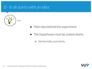 Vrije Universiteit Amsterdam
14 Ivano Malavolta / S2 group / Empirical software engineering
0 - It all starts with an idea
● Main idea behind the experiment
● The hypotheses must be stated clearly
○ Not formally, just clearly
Idea
 