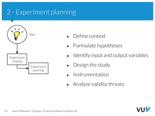 Vrije Universiteit Amsterdam
16 Ivano Malavolta / S2 group / Empirical software engineering
2 - Experiment planning
● Define context
● Formulate hypotheses
● Identify input and output variables
● Design the study
● Instrumentation
● Analyze validity threats
Experiment
scoping
Experiment
planning
Idea
 