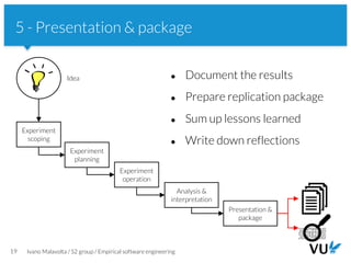 Vrije Universiteit Amsterdam
19 Ivano Malavolta / S2 group / Empirical software engineering
5 - Presentation & package
● Document the results
● Prepare replication package
● Sum up lessons learned
● Write down reflections
Experiment
scoping
Experiment
planning
Idea
Experiment
operation
Analysis &
interpretation
Presentation &
package
 