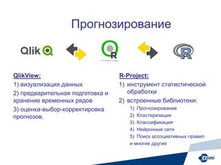 QlikView:
1) визуализация данных
2) предварительная подготовка и
хранение временных рядов
3) оценка-выбор-корректировка
прогнозов.
R-Project:
1) инструмент статистической
обработки
2) встроенные библиотеки:
1) Прогнозирование
2) Кластеризация
3) Классификация
4) Нейронные сети
5) Поиск ассоциативных правил
и многие другие
Прогнозирование
 